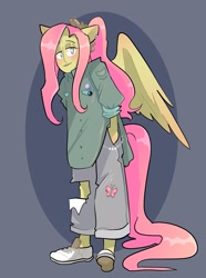 Size: 1193x1600 | Tagged: safe, artist:stevetwisp, fluttershy, pegasus, anthro, g4, alternate hairstyle, clothes, converse, cute, female, pants, pride, pride flag, ripped pants, shirt, shoes, shyabetes, solo, swag, torn clothes, trans fluttershy, transgender, transgender pride flag