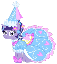 Size: 716x810 | Tagged: safe, artist:darlycatmake, starlight glimmer, pony, unicorn, g4, look before you sleep, alternate hairstyle, bow, clothes, dress, dressup, ear piercing, flower, flower in hair, froufrou glittery lacy outfit, happy, hat, hennin, jewelry, looking at you, necklace, piercing, princess, princess starlight glimmer, proud, simple background, smiling, smiling at you, solo, starlight glimmer is best facemaker, transparent background