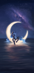 Size: 2211x4668 | Tagged: safe, artist:musical ray, princess luna, alicorn, pony, crescent moon, eyes closed, female, galaxy, high res, lying down, mare, moon, night, ocean, prone, reflection, signature, sky, smiling, solo, stars, tangible heavenly object, transparent moon, wallpaper, water