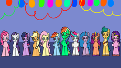 Size: 1920x1080 | Tagged: safe, artist:platinumdrop, applejack, fluttershy, hitch trailblazer, izzy moonbow, pinkie pie, pipp petals, rainbow dash, rarity, sunny starscout, twilight sparkle, zipp storm, oc, oc:oliver, alicorn, earth pony, pegasus, pony, unicorn, g4, g5, birthday, earth pony fluttershy, female, friendshipping, male, mane five, mare, missing wing, one of these things is not like the others, race swap, request, stallion, twilight sparkle (alicorn), wingless