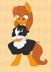 Size: 1010x1427 | Tagged: safe, artist:scarlet-spectrum, part of a set, oc, oc only, oc:zip circuit, earth pony, pony, abstract background, bipedal, blushing, clothes, commission, crossdressing, earth pony oc, maid, male, smiling, stallion, watermark, ych result