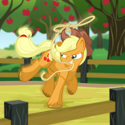 Size: 1920x1920 | Tagged: safe, artist:alexdti, applejack, earth pony, pony, g4, apple, apple tree, fence, lasso, mouth hold, rope, solo, tree