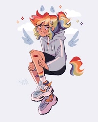 Size: 1080x1350 | Tagged: safe, artist:thwiprose, rainbow dash, human, g4, bandaid, blue background, clothes, female, hairclip, humanized, jacket, ponytail, shoes, shorts, simple background, sitting, sky background, sneakers, socks, solo, sports shorts, wings