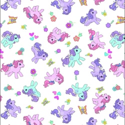 Size: 1131x1131 | Tagged: safe, blossom, blue belle, cotton candy (g1), butterfly, earth pony, pony, g1, official, blossomdorable, bluebellebetes, bow, cottondorable, cute, female, flower, heart, mare, pattern, retro, simple background, tail, tail bow, white background