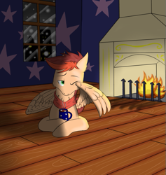 Size: 529x559 | Tagged: safe, artist:windy, oc, oc only, oc:kayle rustone, pegasus, pony, chimney, chocolate, clothes, detailed background, fire, fireplace, food, green eyes, hot chocolate, male, mug, night, pegasus oc, scarf, snow, snowfall, solo, tired, two toned mane, wallpaper, wing hands, wings, wooden floor