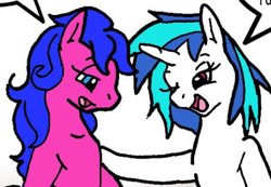 Size: 434x300 | Tagged: safe, artist:asuraludu, edit, editor:pagiepoppie12345, dj pon-3, melody, vinyl scratch, earth pony, pony, unicorn, g4, cropped, dialogue, female, horn, mare, one eye closed, open mouth, simple background, smiling, speech bubble, text, white background, wink