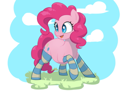 Size: 1645x1200 | Tagged: safe, artist:ahobobo, pinkie pie, earth pony, pony, g4, clothes, open mouth, open smile, smiling, socks, solo, stockings, striped socks, thigh highs