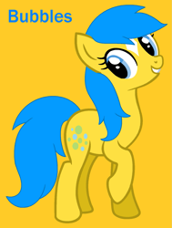 Size: 1219x1614 | Tagged: safe, artist:jigglewiggleinthepigglywiggle, bubbles (g1), earth pony, pony, g1, g4, adorabubbles, blue eyes, blue hair, blue mane, blue tail, blue text, coat markings, cute, facial markings, female, full body, g1 to g4, generation leap, mare, raised hoof, raised leg, simple background, solo, star (coat marking), straight hair, straight mane, straight tail, tail, talking, text, yellow background