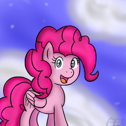 Size: 900x900 | Tagged: safe, artist:freefraq, pinkie pie, pegasus, pony, g4, cloud, female, looking at you, mare, open mouth, pegasus pinkie pie, race swap, sky, smiling, solo, wings