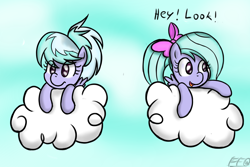 Size: 1800x1200 | Tagged: safe, artist:freefraq, cloudchaser, flitter, pegasus, pony, g4, bow, cloud, cute, cutechaser, dialogue, duo, female, hair bow, mare, siblings, twins