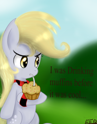 Size: 704x900 | Tagged: safe, artist:freefraq, derpy hooves, pegasus, pony, g4, before it was cool, clothes, female, food, hipster, mare, muffin, scarf, solo, that pony sure does love muffins, underp