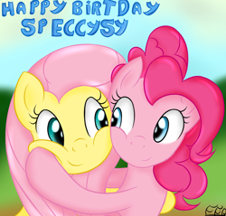 Size: 2000x1910 | Tagged: safe, artist:freefraq, fluttershy, pinkie pie, earth pony, pegasus, pony, g4, cute, duo, female, happy birthday, hug, looking at each other, looking at someone