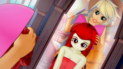 Size: 2560x1440 | Tagged: safe, artist:ratachu666, apple bloom, applejack, human, equestria girls, g4, 3d, brush, brushing, cute, duo, female, hairbrush, koikatsu, mirror, mouth hold, scrunchie, siblings, sisters