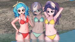 Size: 2560x1440 | Tagged: safe, artist:ratachu666, cozy glow, diamond tiara, silver spoon, human, equestria girls, g4, 3d, armpits, bikini, blue bikini, breasts, clothes, female, humanized, koikatsu, legs in the water, red bikini, swimsuit, trio, trio female, yellow bikini