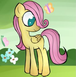 Size: 515x525 | Tagged: safe, artist:alandisc, fluttershy, butterfly, pegasus, pony, g4, female, flower, hair over one eye, no pupils, solo, teenager, younger