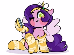 Size: 4000x3000 | Tagged: safe, artist:befishproductions, pipp petals, pegasus, pony, g5, adorapipp, blushing, cellphone, clothes, cute, female, grin, lip bite, mare, phone, selfie, simple background, sitting, smartphone, smiling, socks, solo, stockings, striped socks, thigh highs, white background