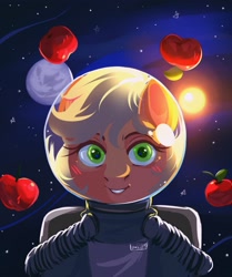 Size: 3417x4096 | Tagged: safe, artist:1an1, applejack, g4, apple, astronaut, food, hatless, missing accessory, planet, smiling, solo, space, spacesuit, stars, sun, zero gravity