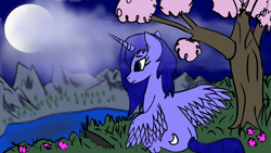 Size: 1920x1080 | Tagged: safe, artist:sc_orion, princess luna, alicorn, pony, g4, cloud, colored, female, flat colors, mare, moon, mountain, outdoors, partially open wings, s1 luna, sitting, solo, tree, water, wings