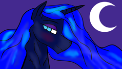 Size: 1920x1080 | Tagged: safe, artist:sc_orion, nightmare moon, alicorn, pony, g4, blue coat, blue eyes, blue mane, blushing, bust, crescent moon, eyeshadow, female, looking at you, makeup, mare, moon, nicemare moon, night, portrait, purple background, purple eyeshadow, side view, simple background, slit pupils, smiling, smiling at you, solo