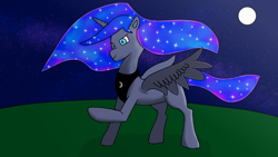 Size: 1920x1080 | Tagged: safe, artist:sc_orion, princess luna, alicorn, pony, g4, horn, missing accessory, moon, night, wings