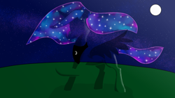 Size: 1920x1080 | Tagged: safe, alternate version, artist:sc_orion, princess luna, alicorn, pony, g4, female, horn, mare, moon, night, raised hoof, raised leg, solo, spread wings, transparent, wings
