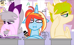 Size: 621x380 | Tagged: safe, artist:sirena-flitter, fluttershy, oc, oc:artie brush, oc:flash art, oc:sweet tune, earth pony, pegasus, pony, unicorn, g4, angry, art class, blushing, book, bow, classroom, colt, desk, dialogue, female, floppy ears, foal, food, frown, hair bow, hat, heart, horn, male, mare, multicolored hair, ponytail, potato, rainbow hair, smiling, speech bubble, stallion, sweat, table, text, top hat, unamused, wings