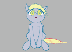 Size: 560x401 | Tagged: safe, artist:hovel, derpy hooves, pegasus, pony, g4, animated, bobbing, eye clipping through hair, eyebrows, eyebrows visible through hair, female, front view, full body, gif, gray background, hooves, loop, mare, no pupils, open mouth, simple background, sitting, sketch, solo, tail, tail wag