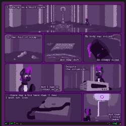 Size: 2048x2048 | Tagged: safe, artist:vohd, oc, oc only, oc:vanrubex, pony, unicorn, comic:ascension 0, animated, cloak, clothes, collar, comic, computer, door, dripping, error, gif, glitch, high res, lamp, pixel art, scraps, sign, slime, underground, waterfall