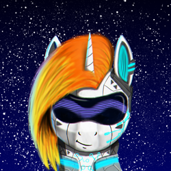 Size: 2000x2000 | Tagged: safe, artist:enteryourponyname, oc, android, pony, robot, robot pony, unicorn, clothes, cyberpunk, glowing, headphones, high res, lineless, simple background, solo, stars