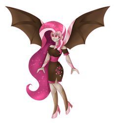 Size: 1280x1356 | Tagged: safe, artist:dazzlingmimi, fluttershy, human, equestria girls, g4, bat wings, clothes, dress, long hair, nightmare flutterbat, nightmare fluttershy, nightmarified, red eyes, simple background, solo, transparent background, wings