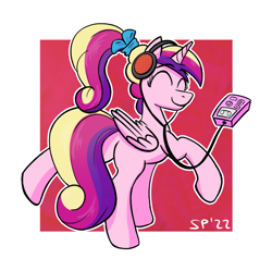 Size: 1557x1549 | Tagged: safe, artist:single purpose, princess cadance, alicorn, pony, canterlot wedding 10th anniversary, g4, ^^, dancing, eyes closed, female, headphones, mare, music player, passepartout, ponytail, scrunchie, solo, younger