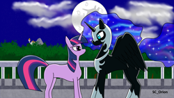 Size: 3840x2160 | Tagged: safe, artist:sc_orion, nightmare moon, twilight sparkle, alicorn, pony, unicorn, g4, armor, balcony, canterlot, cloud, ethereal mane, everfree forest, fanfic art, female, high res, implied princess celestia, lesbian, mare in the moon, missing cutie mark, moon, ship:twimoon, shipping, smiling, spread wings, wings