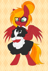 Size: 2019x2982 | Tagged: safe, artist:scarlet-spectrum, part of a set, oc, oc only, oc:moonatik, pegasus, pony, abstract background, apron, bipedal, bowtie, clothes, commission, crossdressing, glasses, hair bun, high res, maid, male, pegasus oc, solo, stallion, surprised, wings, ych result
