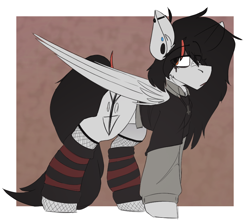 Size: 890x791 | Tagged: safe, artist:kirbirb, oc, oc only, oc:scarlett lane, pegasus, pony, clothes, dyed mane, eyeshadow, fishnet stockings, freckles, goth, leg warmers, long hair, makeup, male, piercing, redesign, solo