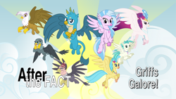 Size: 1280x720 | Tagged: safe, artist:mlp-silver-quill, gabby, gallus, gilda, grampa gruff, princess skystar, queen novo, silverstream, terramar, griffon, hippogriff, after the fact, after the fact:griffs galore!, g4, my little pony: the movie, cute, diastreamies, gabbybetes, gallabetes, jewelry, necklace, text, title card