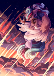 Size: 2000x2811 | Tagged: safe, artist:neonishe, oc, oc only, oc:blasty, pegasus, pony, ear piercing, earring, explosion, flying, high res, jewelry, piercing, rubronycon, smiling, solo