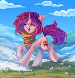 Size: 2500x2578 | Tagged: safe, artist:neonishe, oc, oc only, oc:delusive rose, pony, unicorn, clothes, cloud, cute, eyes closed, female, flower, grass, happy, high res, mare, rubronycon, scarf, sky, smiling, snow, solo