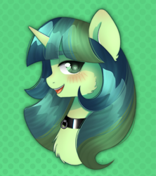 Size: 2315x2606 | Tagged: safe, artist:vaiola, oc, oc only, oc:genebright sparkle, pony, unicorn, bdsm, big eyes, blushing, bust, collar, commission, cute, embarrassed, eyebrows, fetish, green background, happy, high res, horn, open mouth, pet play, portrait, sexy, simple background, smiling, solo, sticker, ych result