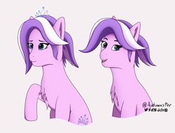 Size: 2234x1704 | Tagged: safe, artist:autumnsfur, diamond tiara, earth pony, pony, g4, blue eyes, bust, chest fluff, crown, diamond, digital art, female, fluffy, jewelry, mare, older, older diamond tiara, ponytail, portrait, purple mane, regalia, short hair, simple background, solo, tiara, tied hair