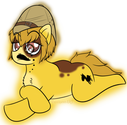 Size: 1686x1650 | Tagged: safe, artist:underwoodart, oc, oc only, oc:cham-cham, earth pony, pony, brown coat, brown eyes, brown mane, earth pony oc, eyebrows, eyebrows visible through hair, fake moustache, hat, lying down, monocle, multicolored coat, palindrome get, pith helmet, simple background, transparent background, yellow coat