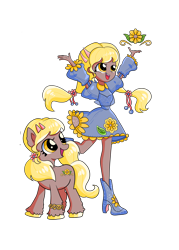 Size: 3571x5000 | Tagged: safe, artist:windywendy29, oc, oc only, oc:soleil (ice1517), earth pony, human, pony, equestria girls, g4, boots, bracelet, clothes, dress, duality, duo, equestria girls-ified, female, high heel boots, jewelry, mare, open mouth, self paradox, self ponidox, shoes, simple background, transparent background, unshorn fetlocks