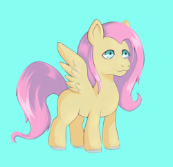 Size: 1800x1741 | Tagged: safe, artist:raincathode, fluttershy, pegasus, pony, g4, blue background, female, full body, hooves, mare, missing cutie mark, simple background, solo, spread wings, standing, tail, unshorn fetlocks, wings