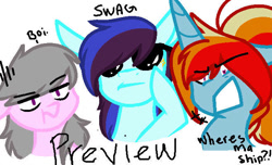 Size: 658x400 | Tagged: safe, artist:sirena-flitter, oc, oc only, oc:artie brush, oc:perry notes, oc:sweet tune, earth pony, pegasus, pony, unicorn, angry, boi, female, glasses, horn, mare, meme, multicolored hair, open mouth, ponytail, preview, rainbow hair, simple background, sparkles, sunglasses, swag, text, unamused, white background