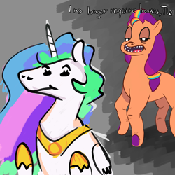 Size: 2000x2000 | Tagged: safe, artist:velgarn, princess celestia, sunny starscout, alicorn, earth pony, pony, g5, calarts, creepy, creepy smile, cursed image, cyriak, finger, finger pony, high res, hooves debate, nightmare fuel, not salmon, smiling, wat, what has science done