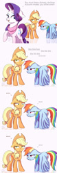 Size: 1024x3072 | Tagged: safe, artist:golden bloom, applejack, rainbow dash, rarity, earth pony, pegasus, pony, unicorn, g4, ..., bonding, clothes, comic, floppy ears, rarity being rarity, reflection, scarf, simple background, unamused, white background