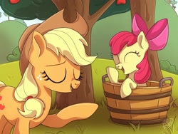 Size: 1024x768 | Tagged: safe, artist:golden bloom, apple bloom, applejack, earth pony, pony, g4, apple, apple sisters, apple tree, bucket, duo, eyes closed, female, filly, foal, siblings, sisters, tree