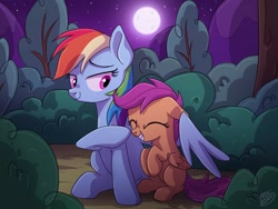 Size: 1024x768 | Tagged: safe, artist:golden bloom, rainbow dash, scootaloo, pegasus, pony, g4, boop, bush, duo, duo female, eyes closed, female, filly, floppy ears, foal, forest, full moon, grin, hug, mare, moon, night, scootalove, sibling love, signature, sisterly love, sitting, smiling, stars, tree, winghug, wings