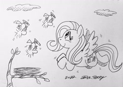 Size: 3533x2513 | Tagged: safe, artist:debmervin, fluttershy, bird, pegasus, pony, g4, bird nest, crossover, high res, nest, peanuts (comic), traditional art, woodstock (peanuts)