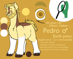 Size: 1000x800 | Tagged: safe, artist:saasart, oc, oc only, oc:pedro, earth pony, pony, beard, blonde mane, brown coat, cactus, coat markings, colored hooves, cutie mark, earth pony oc, facial hair, father, freckles, magnifying glass, male, markings, multicolored coat, reference sheet, simple background, socks (coat markings), stallion, text, unshorn fetlocks, white coat, yellow background, yellow coat, yellow eyes