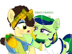 Size: 2320x1752 | Tagged: safe, artist:kellysweet1, oc, oc only, oc:maria potranca, oc:sol shines, earth pony, pegasus, pony, bedroom eyes, blushing, bracelet, brazil, clothes, duo, ear piercing, earring, eyeshadow, female, hair over one eye, headband, hoof on chin, jewelry, looking at each other, looking at someone, makeup, mare, multicolored hair, nation ponies, open mouth, overalls, piercing, ponified, raised hoof, shirt, simple background, t-shirt, transparent background
